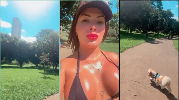 A esposa do Dessinha toda molhada de suor durante a sua caminhada de manhã