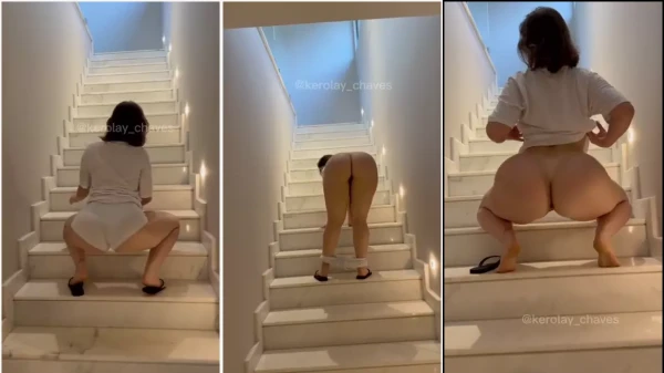 Fada Branca gostosa soltando a beleza com um strip no corrimão da casa