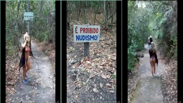 Lais, toda ousada na trilha, exibindo os peitões