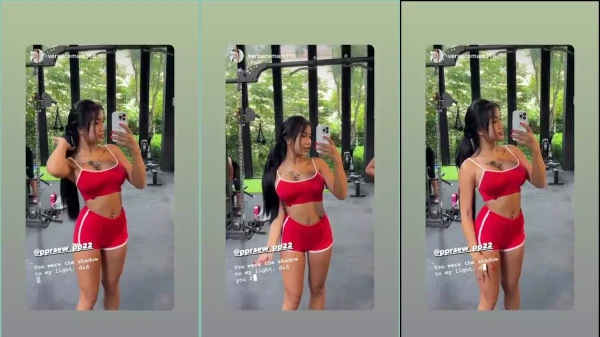 Praew Asian gravando vídeos malhando na academia