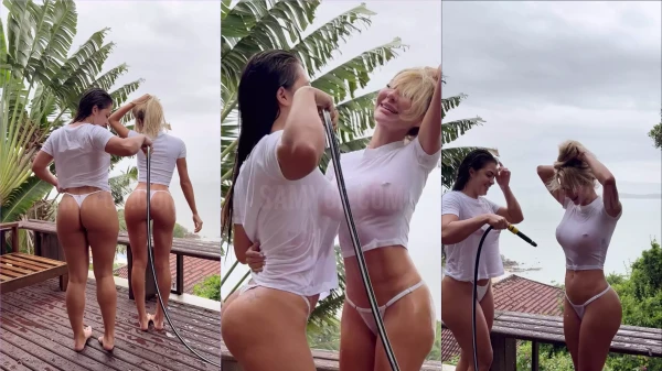 Vídeo da Samyof se banhando com mangueira ao lado de uma amiga irresistível